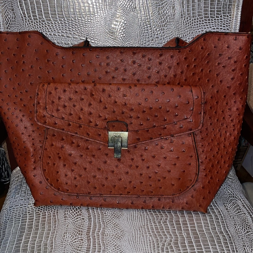 LONDON FOG Classic Brown Ostrich-Texture Tote Bag NWOT